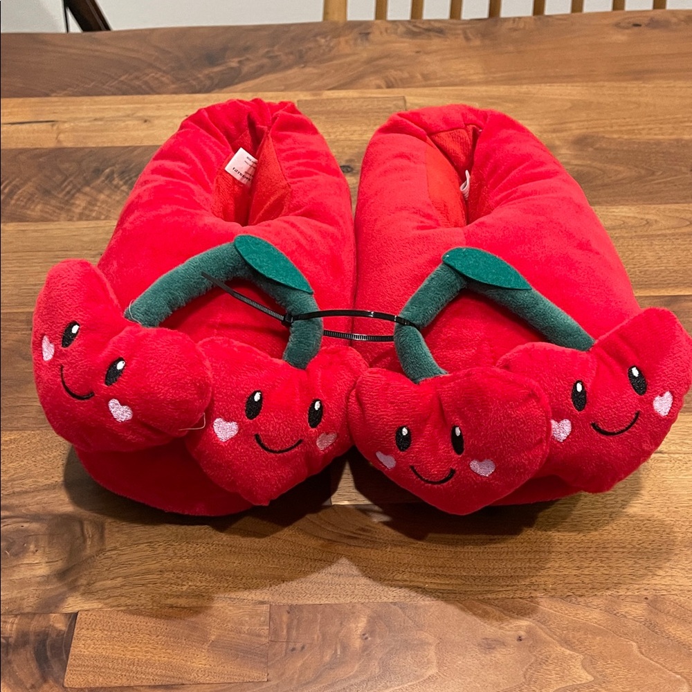 Red Cherry Love Heart Plush Slippers
